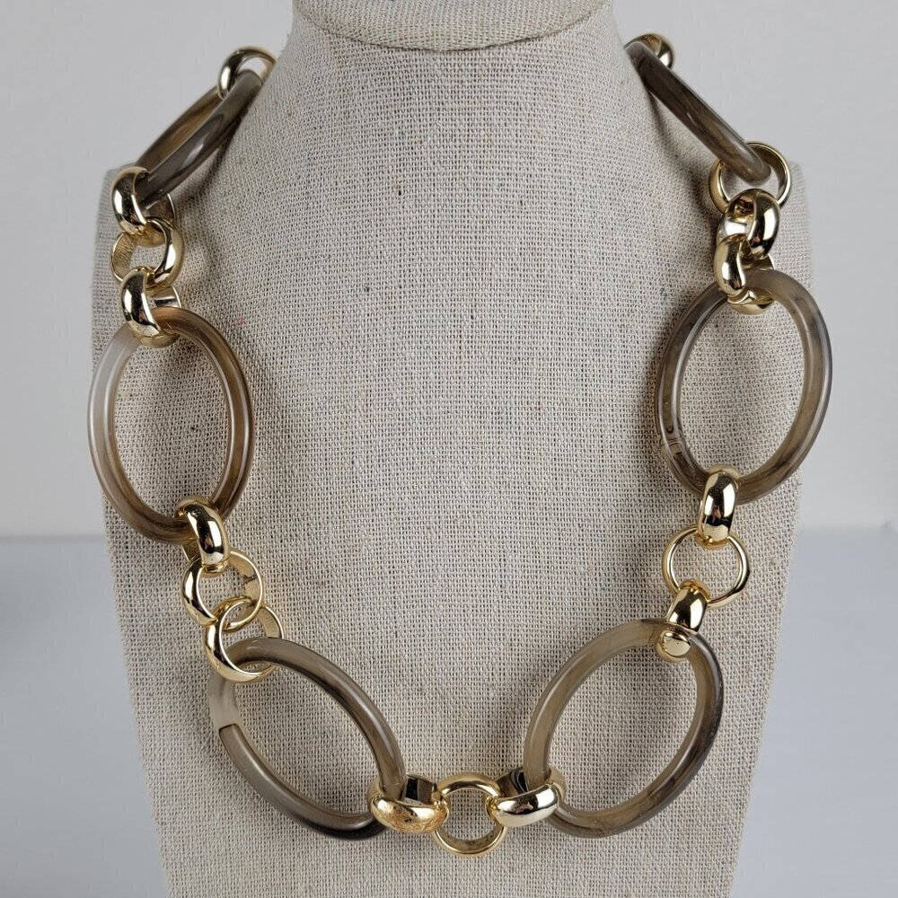 Gold Tone Gray Tortoise Link Statement Necklace 29" Endless No Clasp - Picture 1 of 8